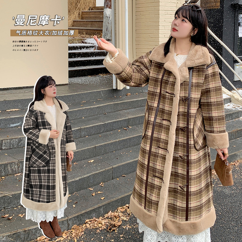 2438 Xuanchen Slightly Fat Plus Size Women's Clothing Winter New Fleshy Girl Plaid Retro Contrasting Color Extended Coat for Women 2438 Xuanchen Slightly Fat Plus Size Women's Clothing Winter New Fleshy Girl Plaid Retro Contrasting Color Extended Coat for Women