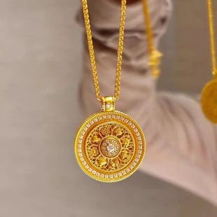 Long-Lasting Vietnamese Sand Gold Inlaid with Diamonds, Auspicious Eight Treasures Compass, Wishful Rope Necklace, Rotatable Pendant Sweater Chain for Women