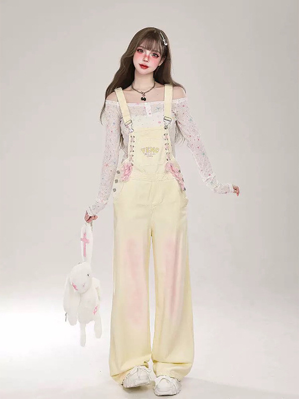多巴胺渐变带奶fufu背带裤女春夏美式复古甜酷辣妹连体牛仔背带裤|undefined