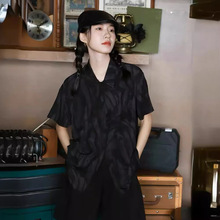 流行黑色短袖衬衫女小众2024年新款港风复古设计感晕染时尚衬衣服