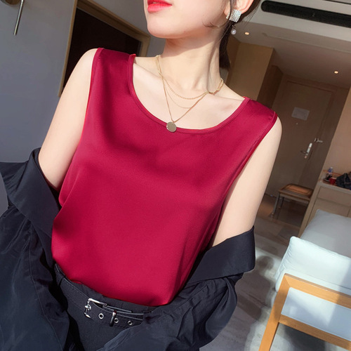 French silk camisole top for women, round neck, base layer, suitable for suits, mulberry silk satin surface, draped, spring summer outerwear, plus size