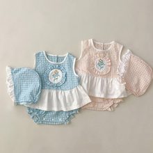 2023夏季韩版新款婴童套装女宝宝泡泡格绣花三件套格子上衣面包裤