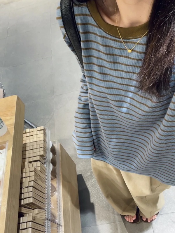 MISSMAR 蓝黄撞色条纹长袖T恤女秋季韩系慵懒宽松休闲针织打底衫|undefined