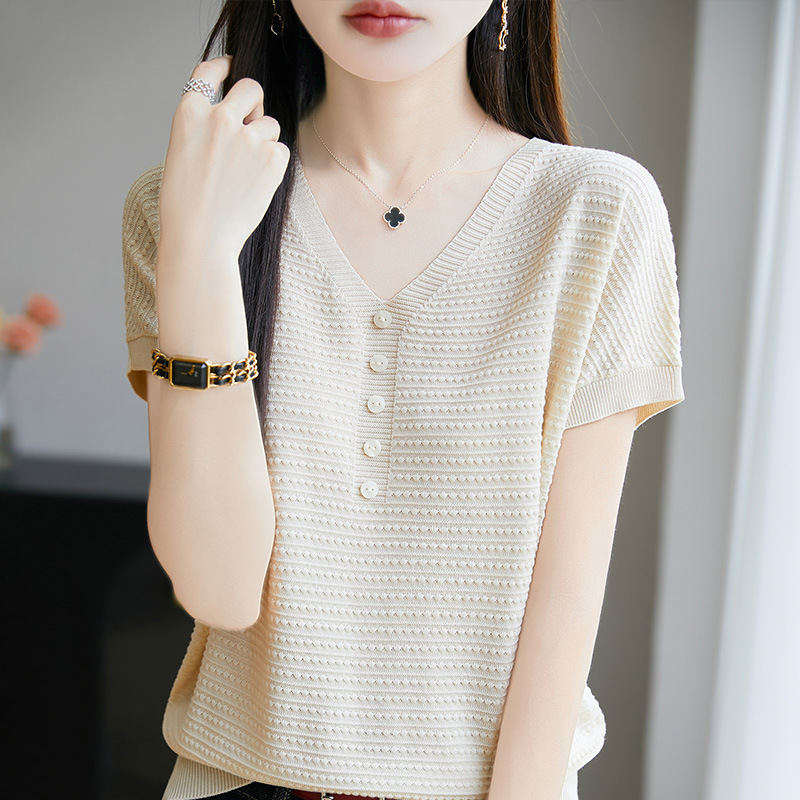 天丝莱赛尔V领针织衫短袖T恤女2025年夏季新款纯色宽松套头打底衫|undefined