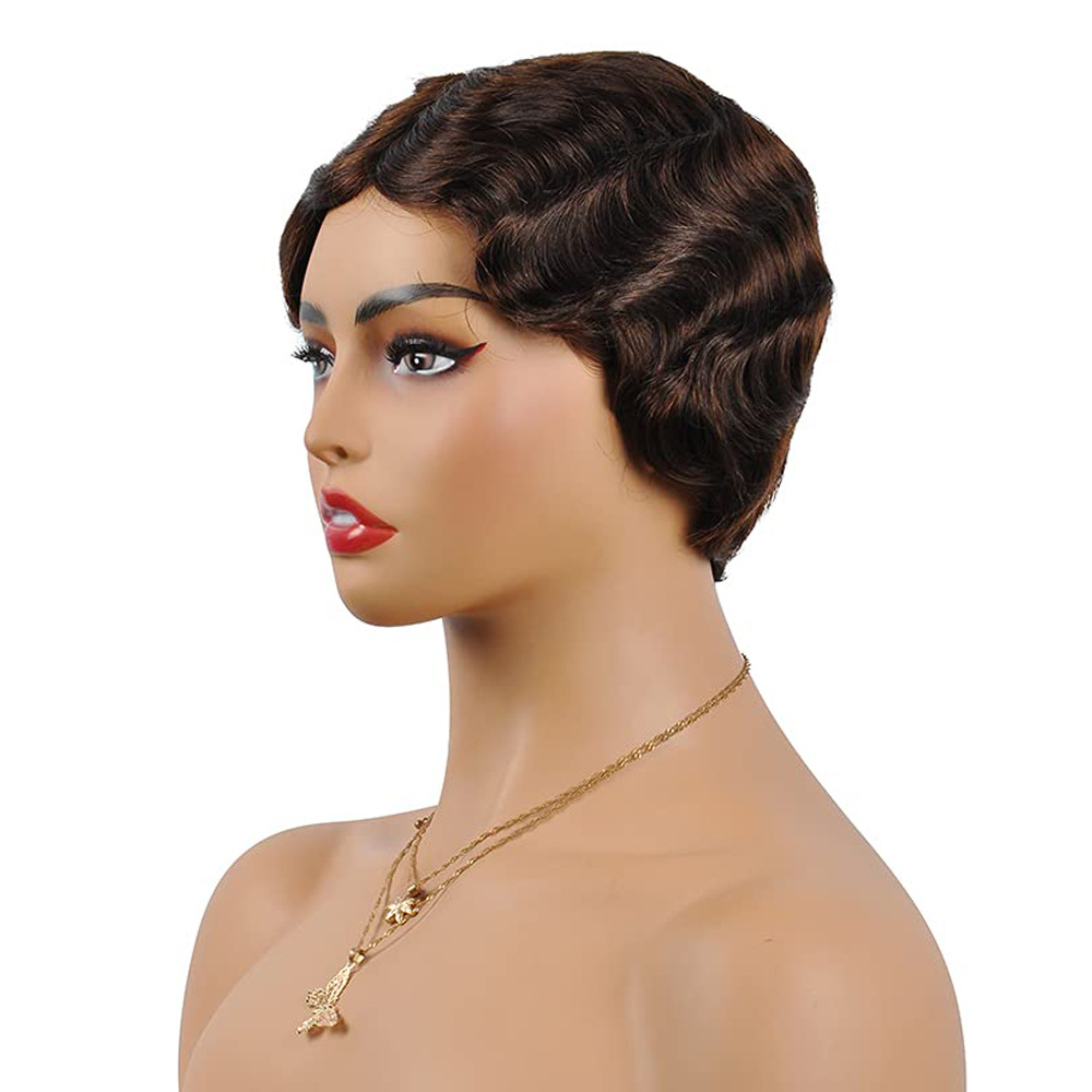 Cheveux humains fabriqués à la machine capuche courte tête de Shanghai rétro ondulé ondulation de l'eau cheveux courts bouclés capuche de cheveux humains_voghion.com