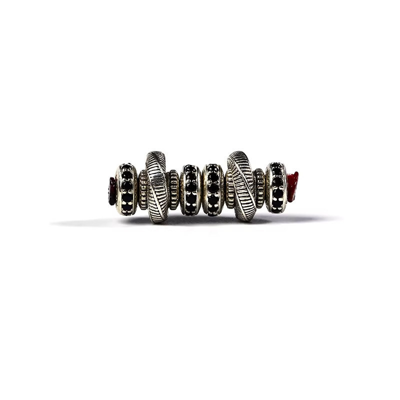 Xizang-Style Vintage Silver Red-Green Gemstone Inlaid Dark Night Universal Shaft Spacer Beads DIY Jewelry Bracelet Necklace Accessories