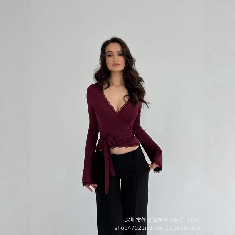 Jfl20509 Cross-Border European and American Style Women's Lace Trim Sexy V-Neck Slim Fit Tie-Up Top T-Shirt Jfl20509 Cross-Border European and American Style Women's Lace Trim Sexy V-Neck Slim Fit Tie-Up Top T-Shirt