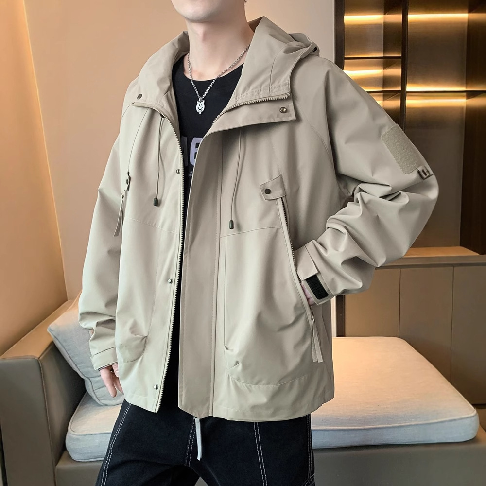 Men's casual spring and autumn jacket, plus size, high-quality windproof hooded workwear jacket for junior high school, high school and college students