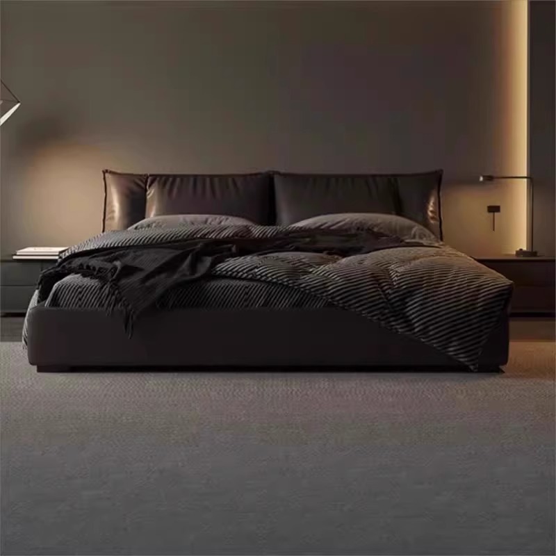 Cama de cuero minimalista italiana, cuero de vaca moderno y simple, cama de matrimonio de 1.8m, cama principal, cama doble, cama queen size