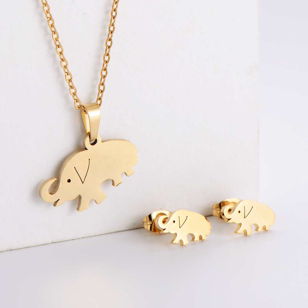 Titanium steel plating 18k gold elephant pendant necklace earrings set wholesale Nihaojewelry