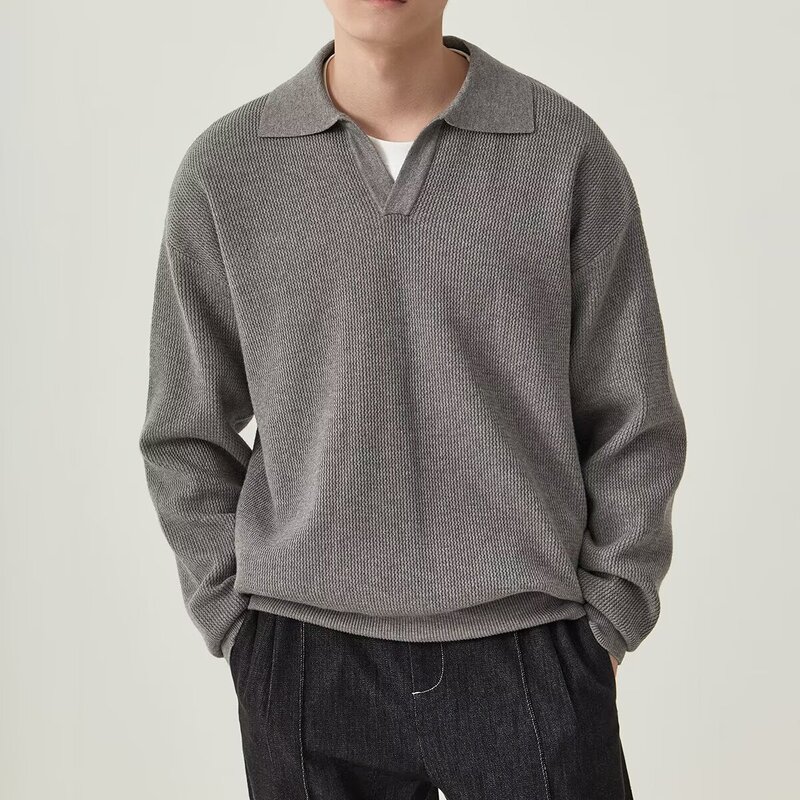 Autumn and Winter Korean Style Retro V-Neck Sweater Pullover Polo Lapel Loose Inner Base Sweater for Boys Autumn and Winter Korean Style Retro V-Neck Sweater Pullover Polo Lapel Loose Inner Base Sweater for Boys