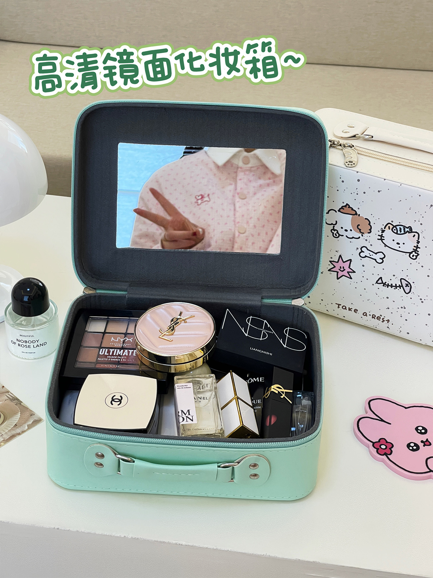 2025 nueva bolsa de cosméticos de gran capacidad para mujer portátil linda caja de cosméticos con espejo maleta de viaje maleta