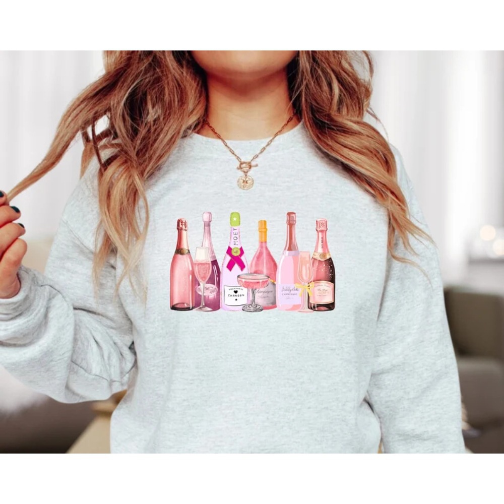 Pink Champagne Bottles Sweatshirt Coquette Champagne Lovers