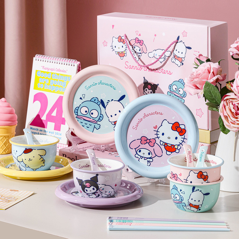 Sanrio Cartoon Ceramic Bowl and Plate Set, Cute Household Tableware for One Person, High-Value Tableware Gift Box, Gift for Children