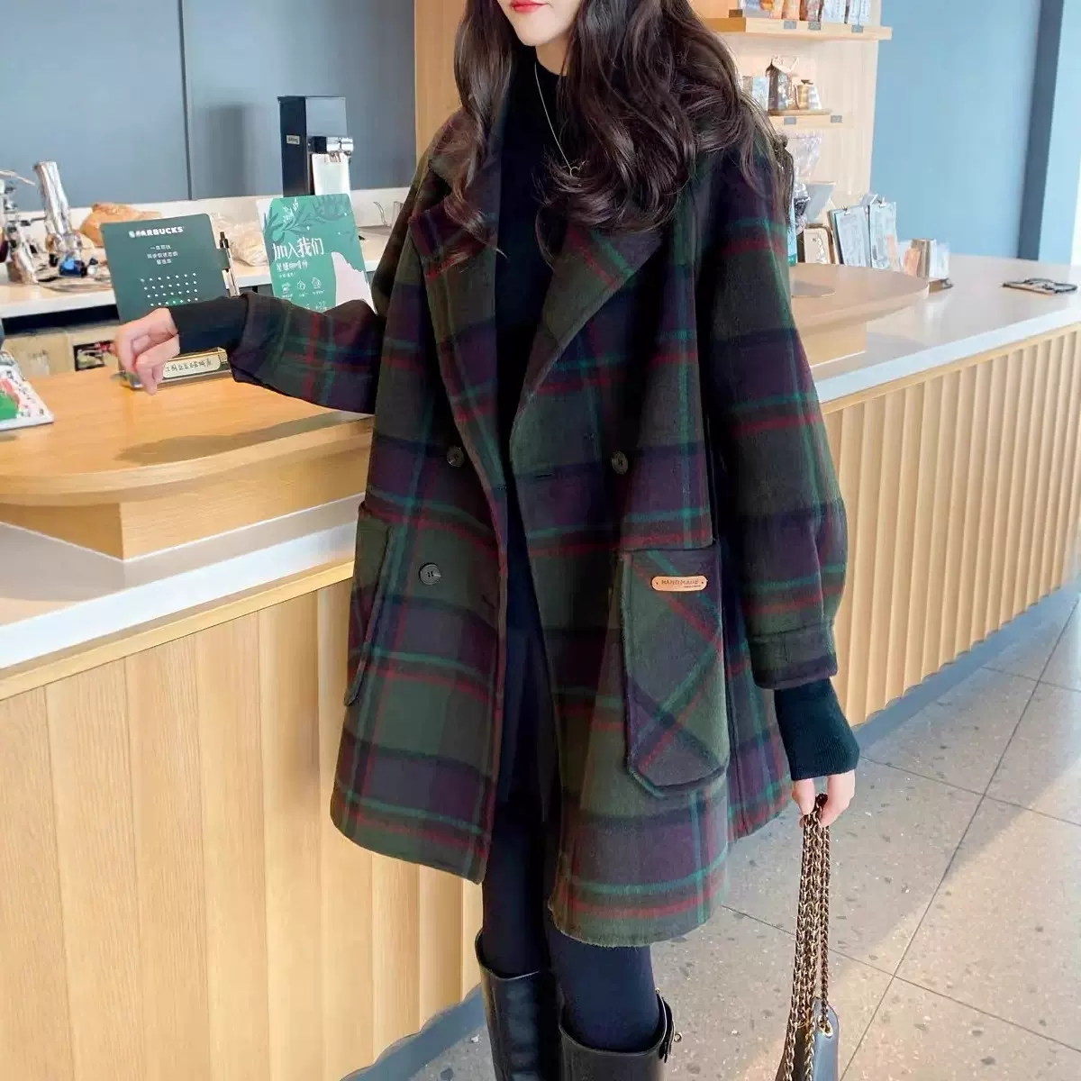 格子双面羊毛大衣女2025冬西装领通勤宽松韩版休闲小个子毛呢外套