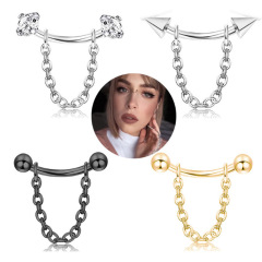 E-commerce New Style Curved Rod Brow Pin Chain Ear Bone Pin Diamond Lip Pin Chain Piercing Jewelry Wholesale