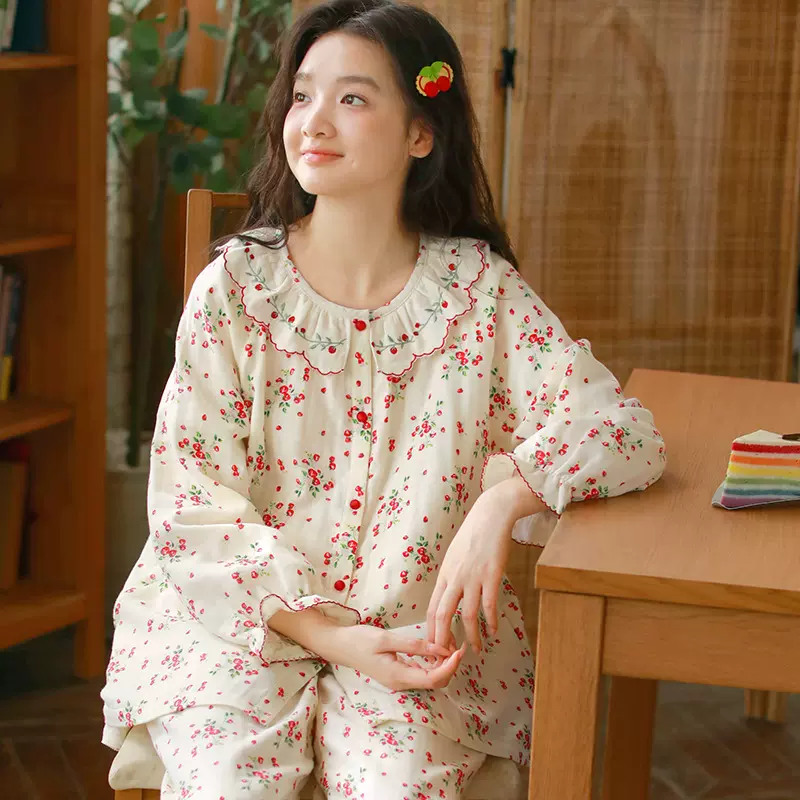 秋季新品睡衣女款薄款三层棉纱长袖长裤甜美可外穿家居服套装