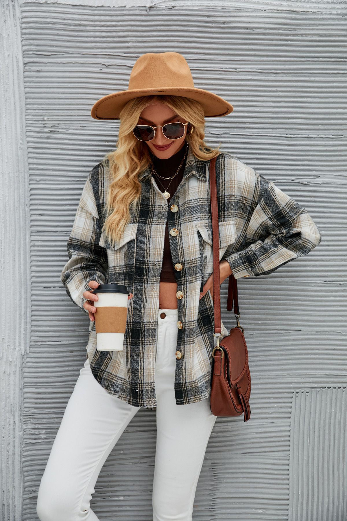 Womens Plaid Woolen Blouse Long Sleeve Loose Winter Jacket For Women_voghion.com