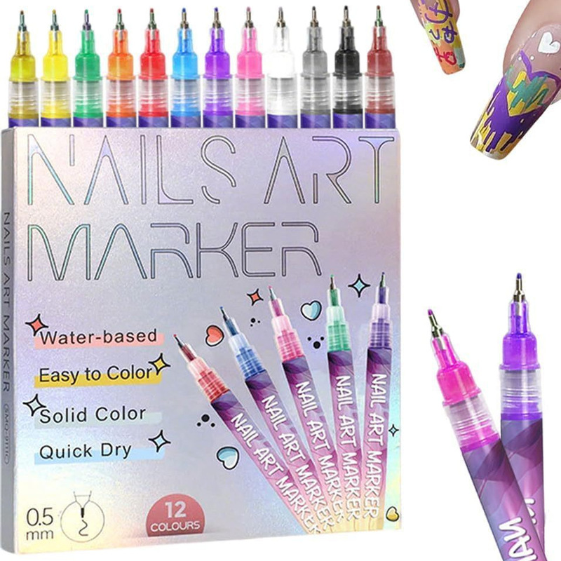 Cross-Border New Model 0.5mm 12-Color Nail Art Pen Set DIY Nail Art Pens Dotting Pens Painting Graffiti Brushes