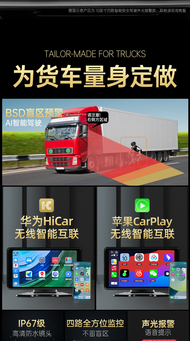 Truck dashcam 360-degree panoramic four-way monitoring 24V high-definition full-color night vision reversing camera 12V universal