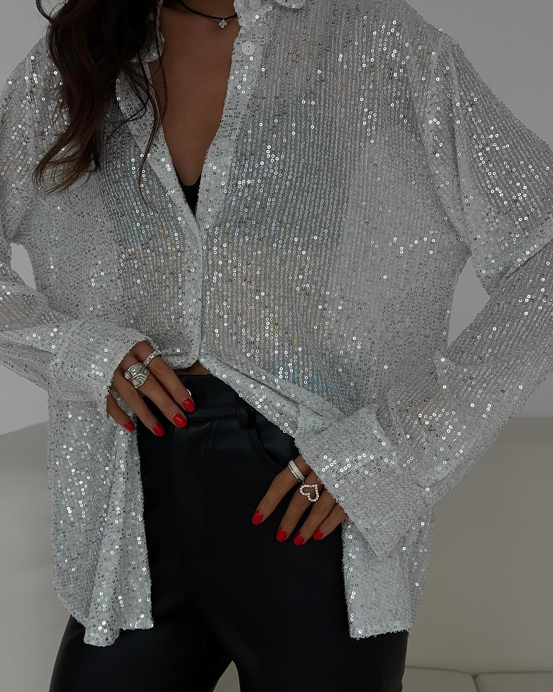 2025 Spring Summer New Sequin Top Turn-down Collar Long Sleeve Cardigan Basic Women's Shirt Jacket_voghion.com