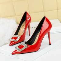 6122-K32 Fashionable High End Pointed Ultra Fine High Heels Lacquer Leather Bright Surface Shallow Mouth Single Shoes Water Diamond Style Women's Shoes