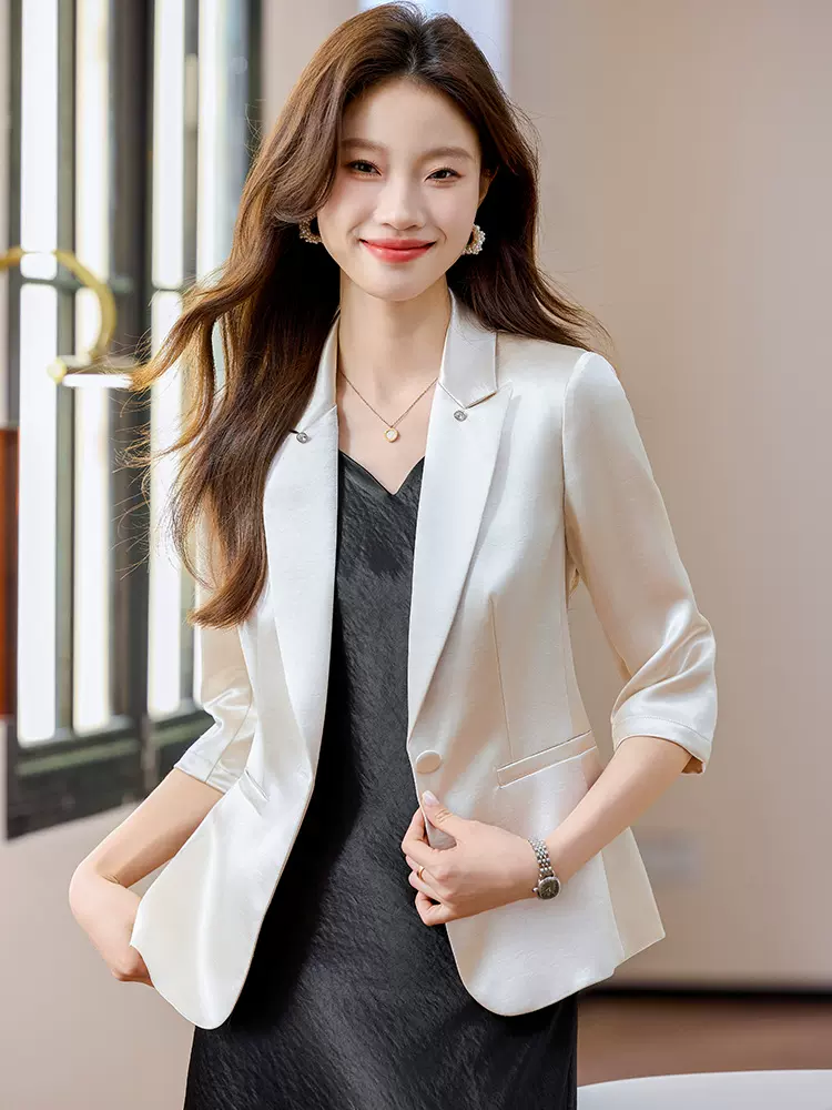 2025新款高级感仿醋酸七分袖小西装外套女春夏西服配连衣裙两件套
