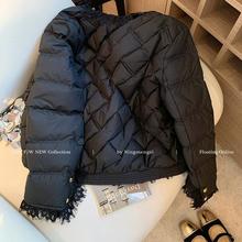 蕾丝拼接黑色小香风菱格羽绒服女冬2025新款小个子休闲减龄白鸭绒