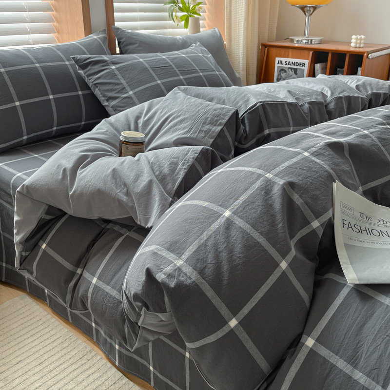 Juego de cuatro piezas de algodón lavado teñido en hilo para estudiantes 2025 nuevo juego de sábanas de edredón de dormitorio de estudiantes de tres piezas