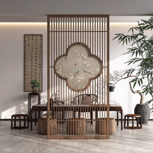 Solid Wood Lattice Grille Entrance Door Screen Entrance Partition New Chinese Style Hollow Lattice Mortise and Tenon Background Wall Decoration