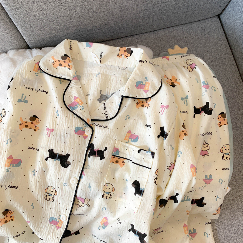 Pijamas de algodón de nube al por mayor transfronterizo, pantalones de manga larga para mujer, solapa, otoño nuevo estilo, linda rebeca, dulce servicio a domicilio, gato kt