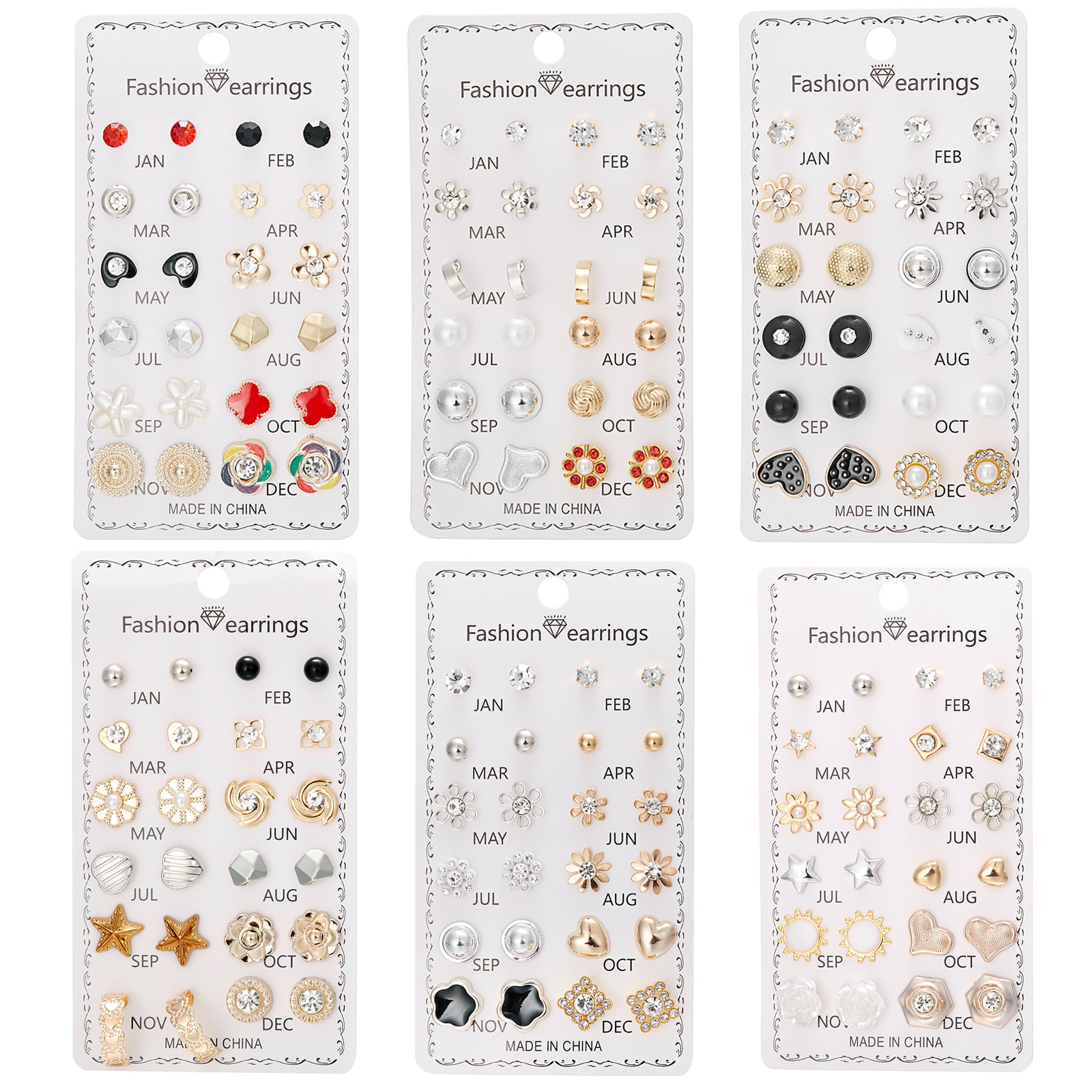 Set de 12 pares de aretes con flores de diamante