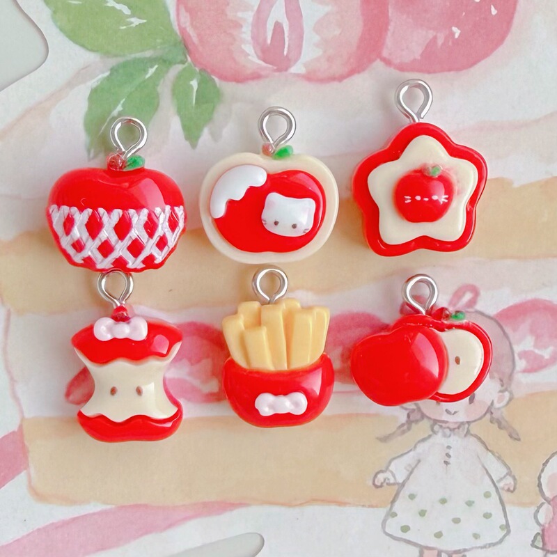 Red Mini Apple Resin Accessories with Nail Pendants, Handmade DIY Jewelry Keychains, Phone Chains Wholesale