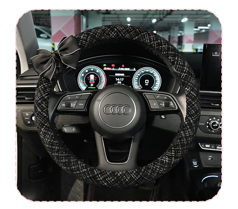 Tweed Style Steering Wheel Cover Cotton and Linen Car Anti-Slip Steering Wheel Cover Accessible Luxury Bow-Knot Car Steering Wheel Cover