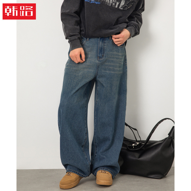 Washed Gradient Blue Straight-Leg Jeans, Spring Style, Distressed Texture, Trendy Brand, American Retro Casual Long Pants Washed Gradient Blue Straight-Leg Jeans, Spring Style, Distressed Texture, Trendy Brand, American Retro Casual Long Pants