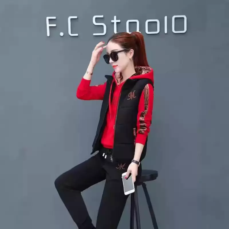 加绒加厚运动服女秋冬季女装新款韩版保暖时尚套装连帽卫衣三件套