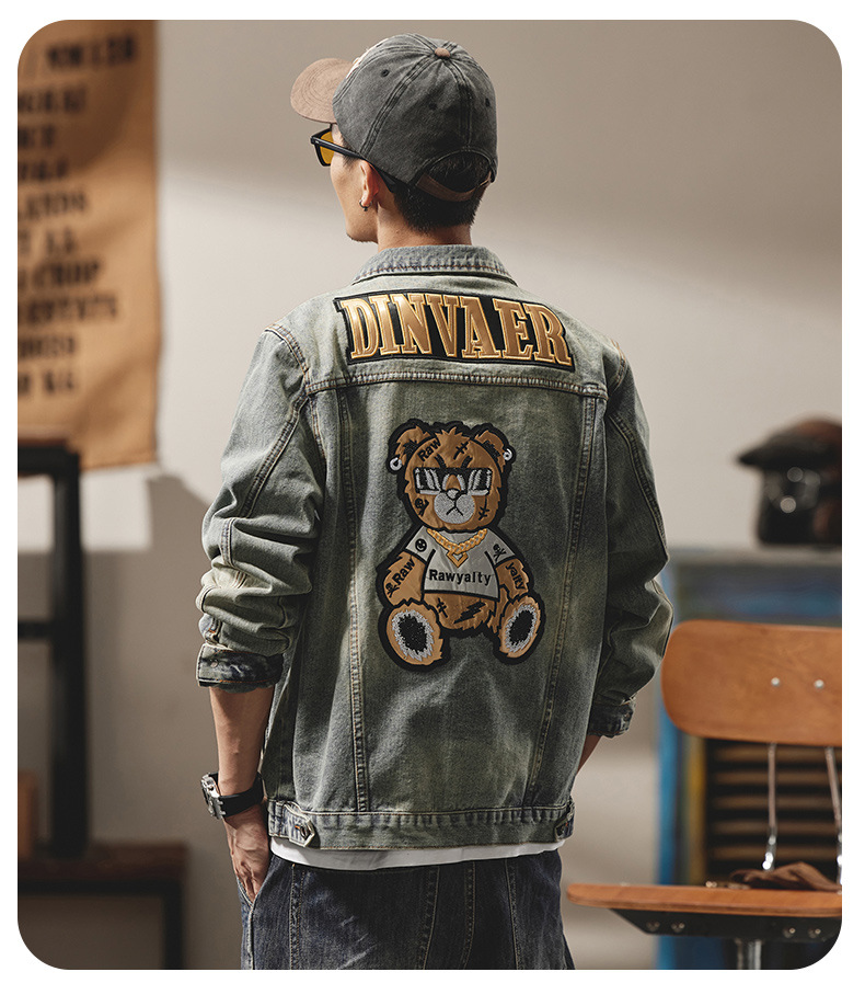 Giacca di jeans da uomo stile biker con ricami di lusso_voghion.com