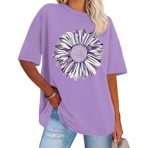Women's Summer Short-Sleeve Loose T-shirt with Sunflower 3D Print Pattern
