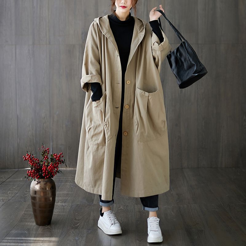 Korean Wholesale 100kg Spring and Autumn Artistic Loose Plus-Size Over-The-Knee Long Trench Coat with Large Pockets for Women with Hood