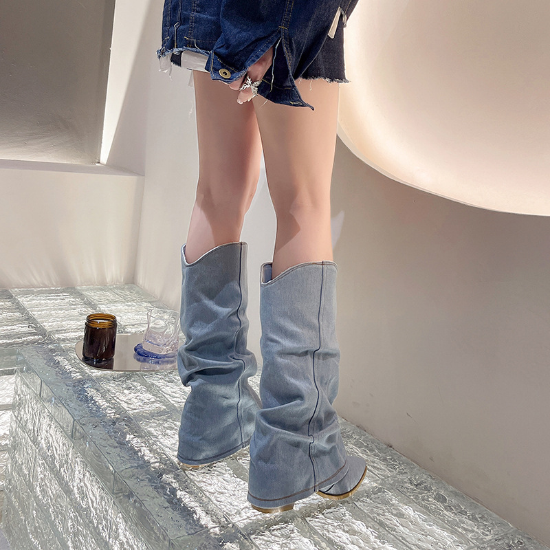 女性用ロングブーツ、ポインテッドトゥハイヒールウエスタンカウボーイブーツ、レトロブルーパイルブーツ、太ヒールホットガールパンツブーツ、ナイトブーツ|undefined