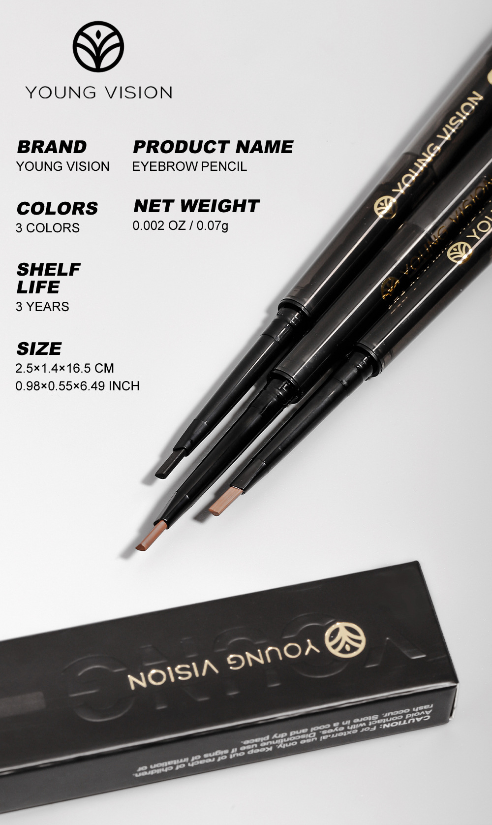 YOUNG VISION's foggy three-in-one eyebrow pencil is not prone to smudging. It features a fine and soft brush and eyebrow blade undefined