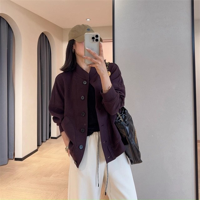 EE923休闲减龄高密度棉落肩袖宽松单排扣短款卫衣外套女2025秋|undefined