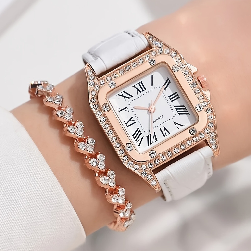 2 st/set dammodetrend elegant fyrkantig urtavla kvartsklocka + strass armbandsklocka_voghion.com