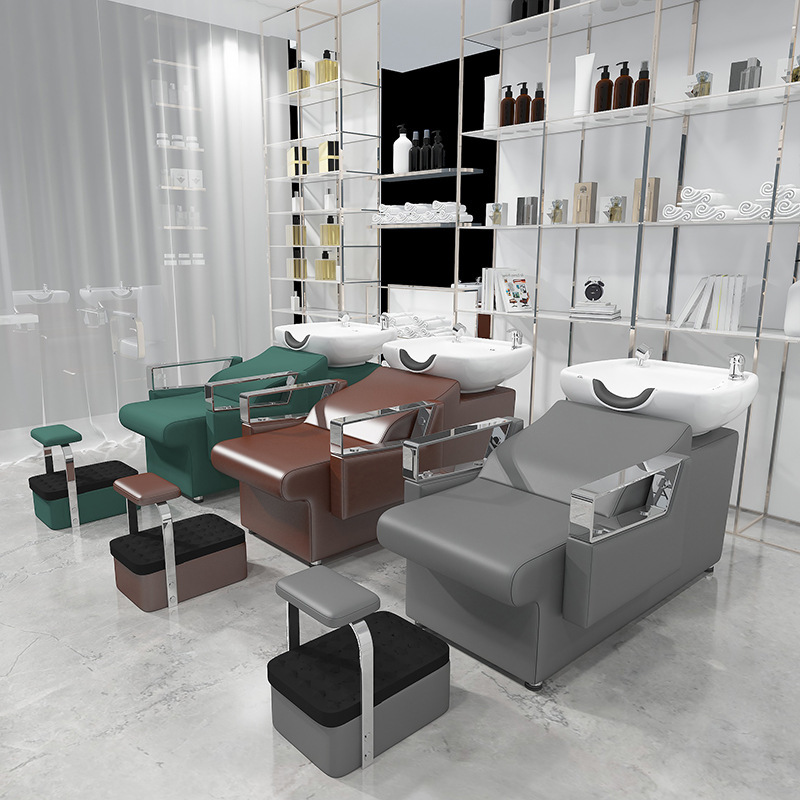 Cama de lavado de cabello, barbería, cama de lavado de cabello con pedal, cama de lavado de cabello de masaje de cerámica de cuero simple