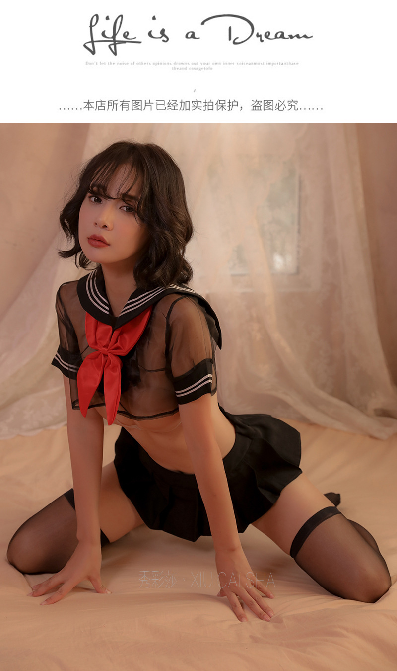 Xiucaisha Sailor Uniform Lingerie Set, Sheer Mesh Top, Skirt and Panty with Bowknot Detail — detail image 10