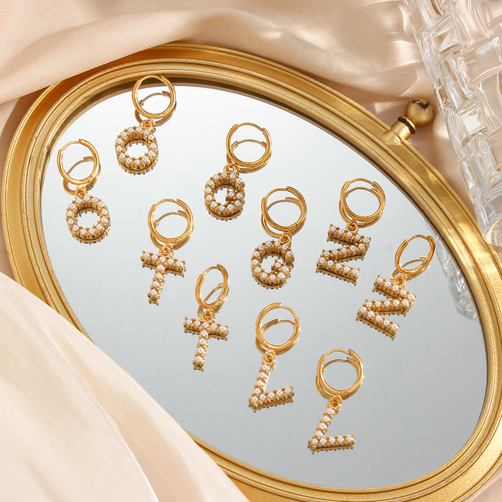 Pearl Inlaid Letter Stainless Steel Pendant Earrings