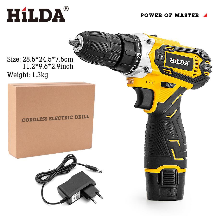 Nueva Hilda hilda recargable taladro de impacto batería de litio taladro manual destornillador eléctrico portátil doméstico accesorios