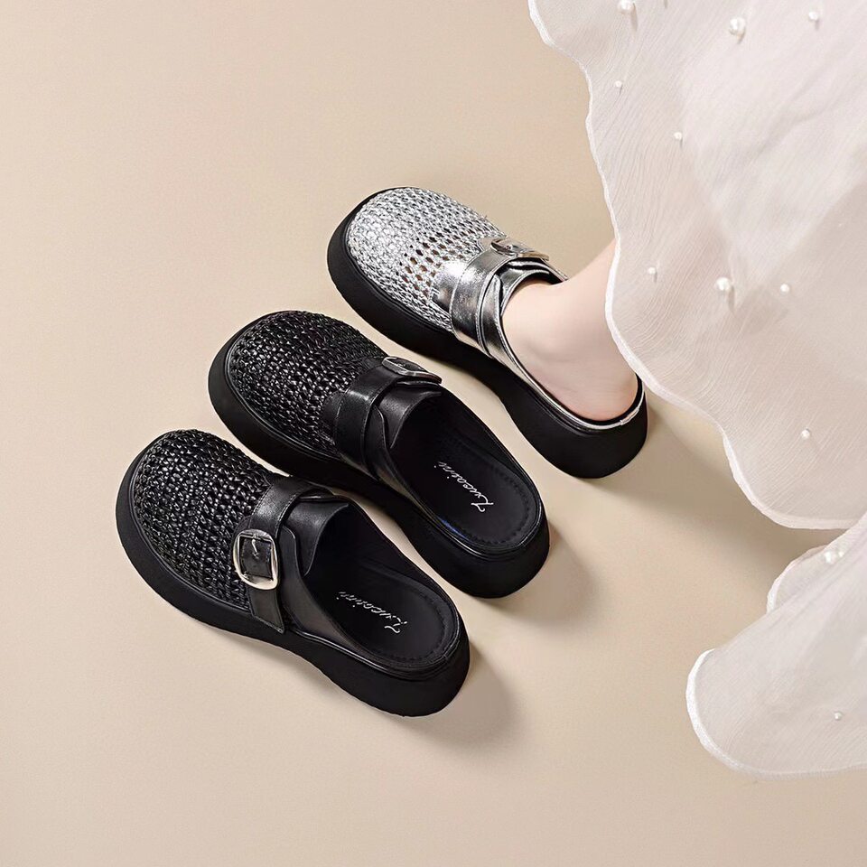 Dép nữ đế dày mũi kín khoét lỗ da thật kiểu Birkenstock — đen