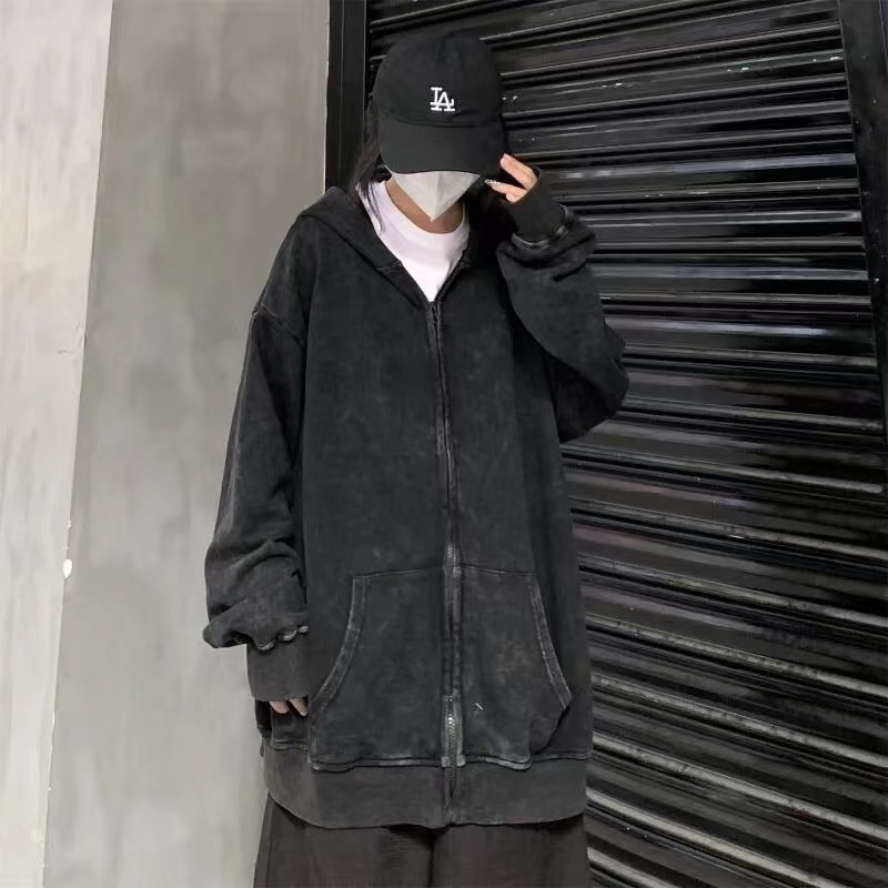 블랙 워싱 지퍼 후디