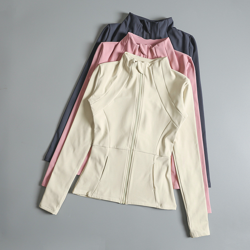 Slim fit sportvest voor dames, lente/herfst, lange mouwen, ritssluiting, opstaande kraag, ademend, geschikt voor fitness, hardlopen en bescherming tegen de zon._voghion.com